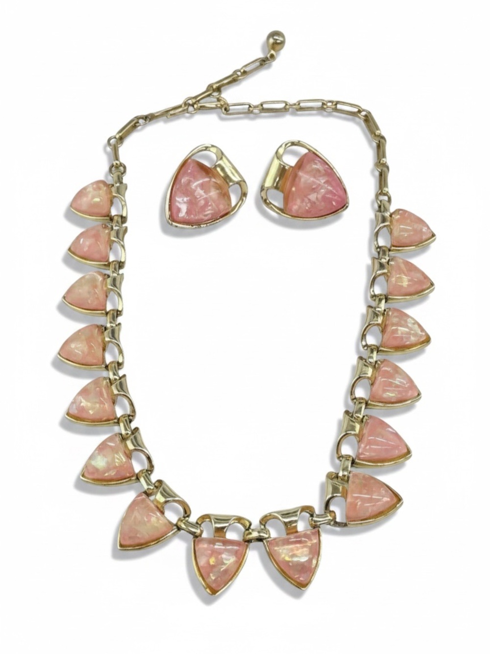Vintage Coro Pink Confetti Lucite Necklace & Signed Clip-On Earrings Demi Parure